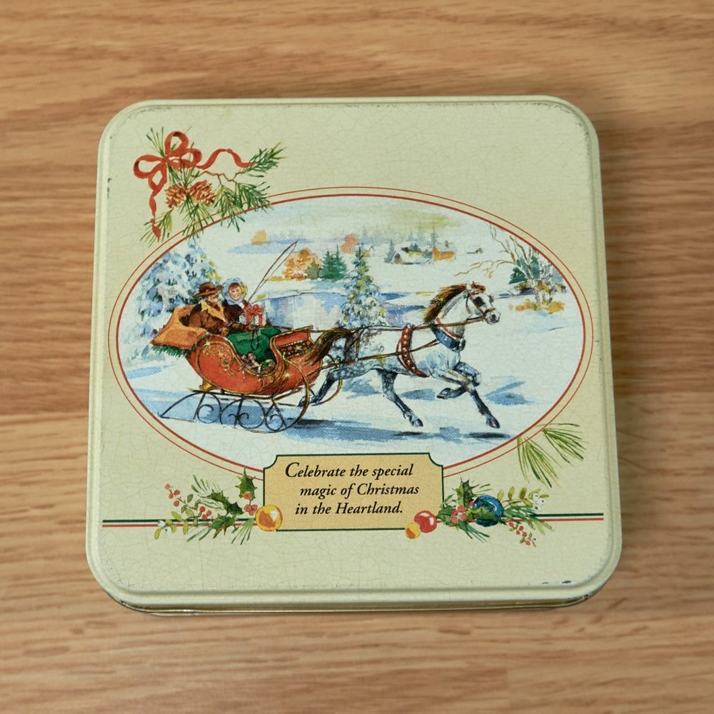 Vintage Metal Tin Horse Drawn Christmas Sleigh, Petit four, Made in USA